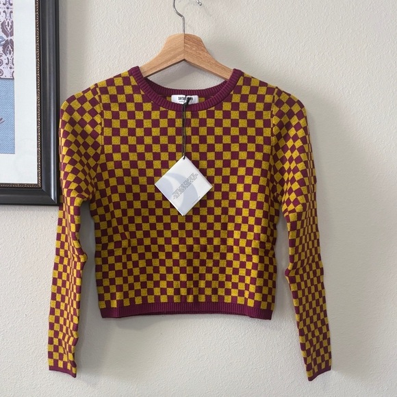 Daydreamer Fig Check Fitted Cropped Sweater - Small - Picture 2 of 12